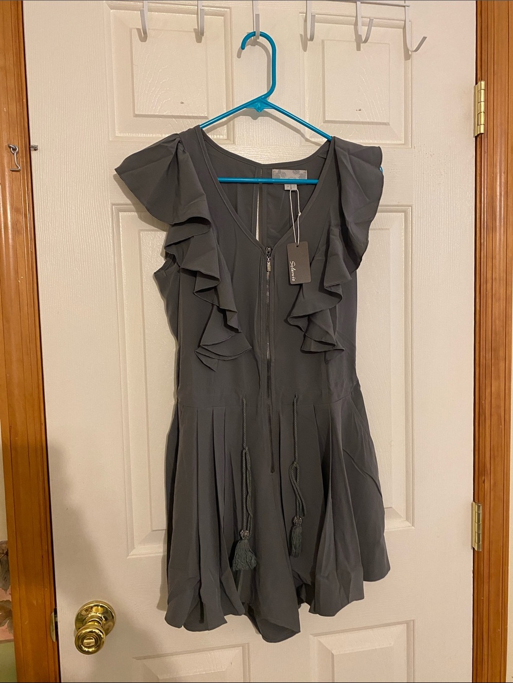 Ruffled V-Neck Romper in Charcoal Gray